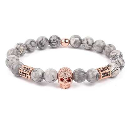 Men's Skull Beaded Bracelet Cubic Zirconia Leopard Gray Map Stone