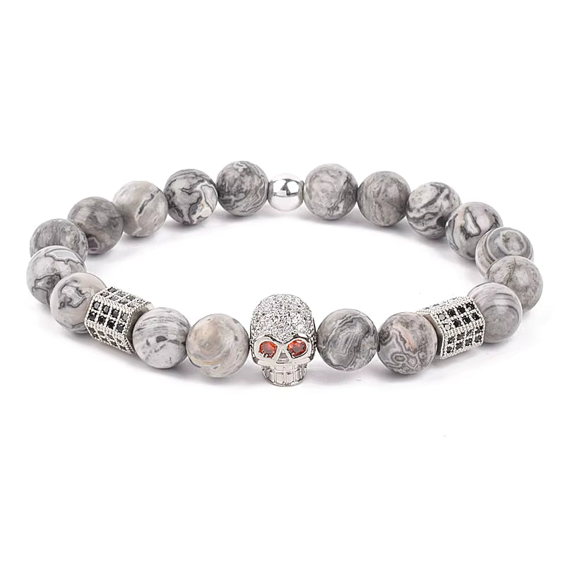 Men's Skull Beaded Bracelet Cubic Zirconia Leopard Gray Map Stone
