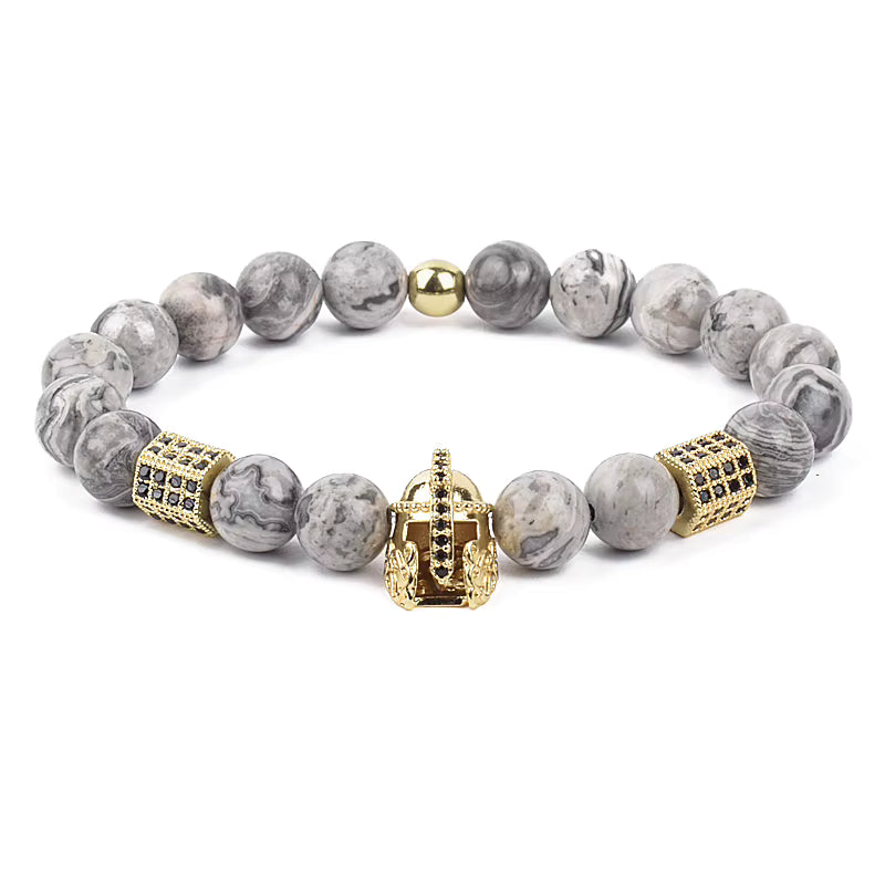 Men's Skull Beaded Bracelet Cubic Zirconia Leopard Gray Map Stone