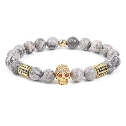 Men's Skull Beaded Bracelet Cubic Zirconia Leopard Gray Map Stone