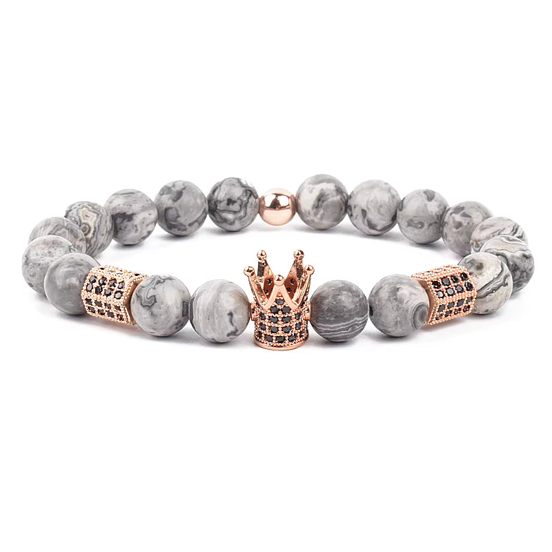 Men's Skull Beaded Bracelet Cubic Zirconia Leopard Gray Map Stone