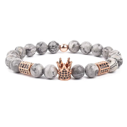 Men's Skull Beaded Bracelet Cubic Zirconia Leopard Gray Map Stone