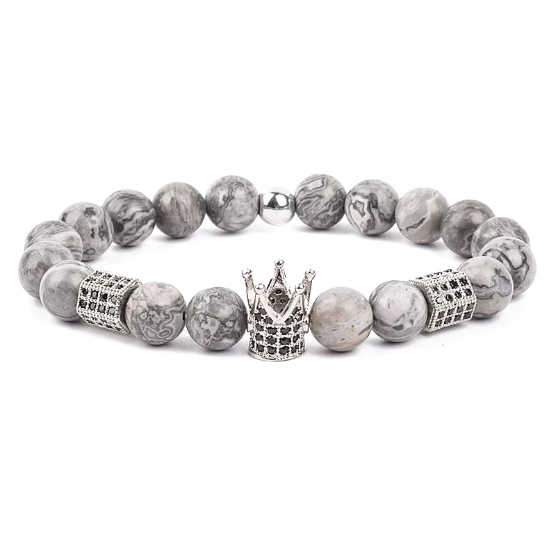 Men's Skull Beaded Bracelet Cubic Zirconia Leopard Gray Map Stone