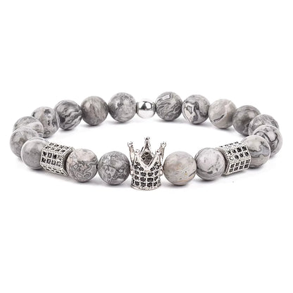 Men's Skull Beaded Bracelet Cubic Zirconia Leopard Gray Map Stone