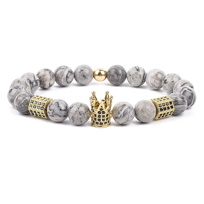 Men's Skull Beaded Bracelet Cubic Zirconia Leopard Gray Map Stone