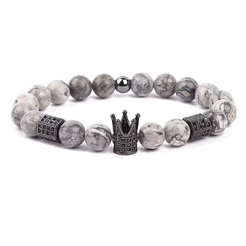Men's Skull Beaded Bracelet Cubic Zirconia Leopard Gray Map Stone