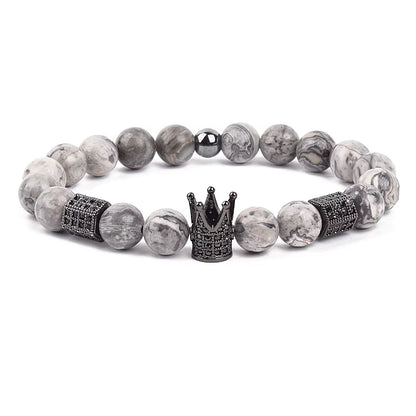 Men's Skull Beaded Bracelet Cubic Zirconia Leopard Gray Map Stone
