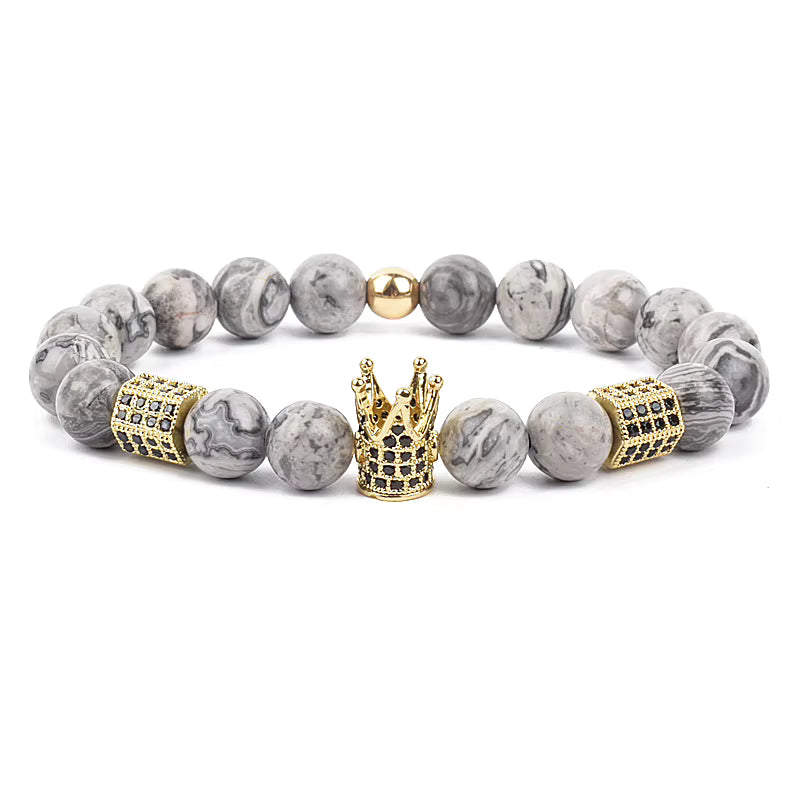 Men's Skull Beaded Bracelet Cubic Zirconia Leopard Gray Map Stone