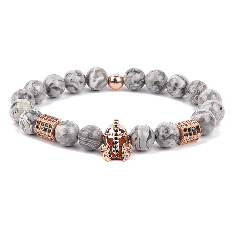 Men's Skull Beaded Bracelet Cubic Zirconia Leopard Gray Map Stone