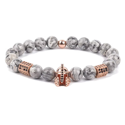 Men's Skull Beaded Bracelet Cubic Zirconia Leopard Gray Map Stone