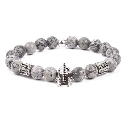 Men's Skull Beaded Bracelet Cubic Zirconia Leopard Gray Map Stone