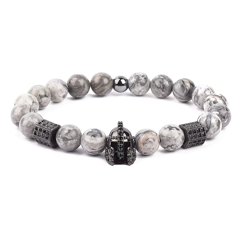Men's Skull Beaded Bracelet Cubic Zirconia Leopard Gray Map Stone