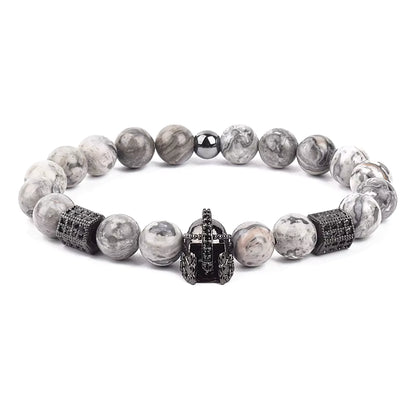 Men's Skull Beaded Bracelet Cubic Zirconia Leopard Gray Map Stone