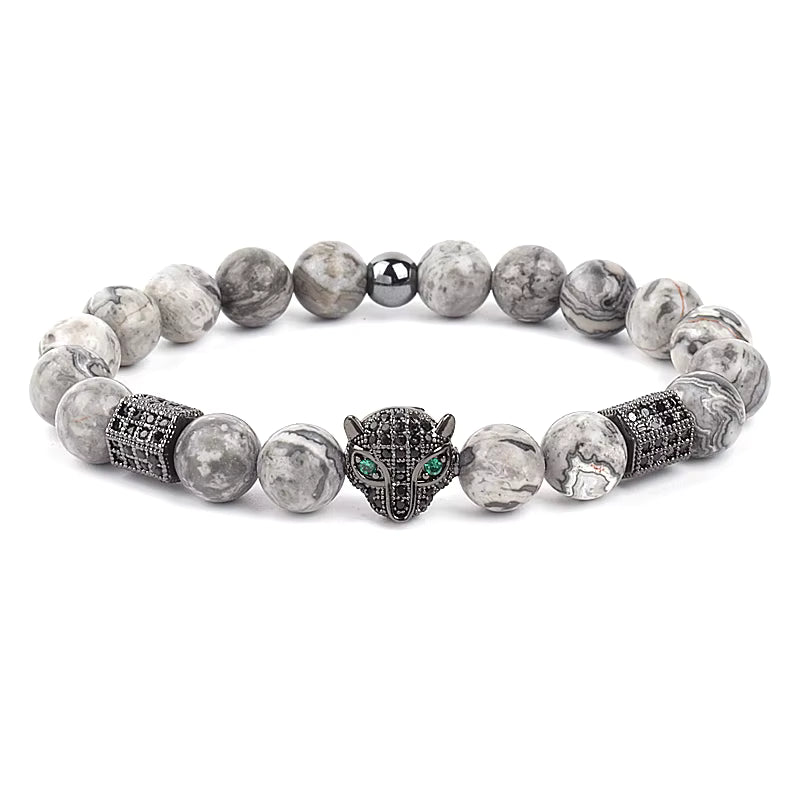 Men's Skull Beaded Bracelet Cubic Zirconia Leopard Gray Map Stone