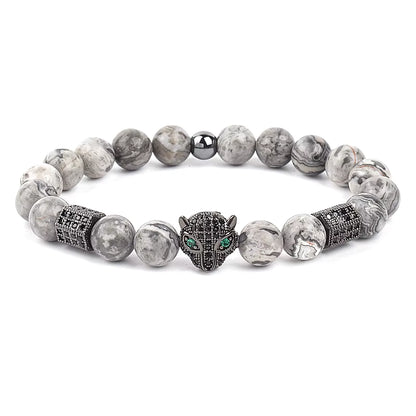 Men's Skull Beaded Bracelet Cubic Zirconia Leopard Gray Map Stone
