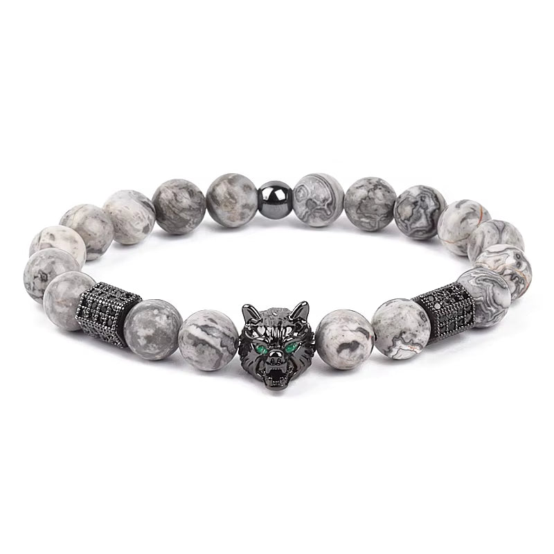 Men's Skull Beaded Bracelet Cubic Zirconia Leopard Gray Map Stone