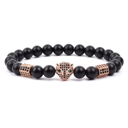 Men's Skull Beaded Bracelet Cubic Zirconia Leopard Gray Map Stone