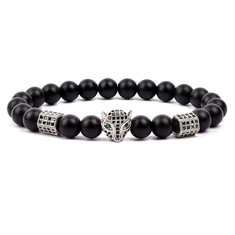 Men's Skull Beaded Bracelet Cubic Zirconia Leopard Gray Map Stone