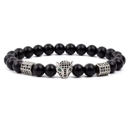 Men's Skull Beaded Bracelet Cubic Zirconia Leopard Gray Map Stone