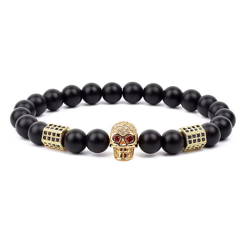 Men's Skull Beaded Bracelet Cubic Zirconia Leopard Gray Map Stone