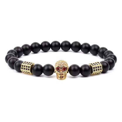 Men's Skull Beaded Bracelet Cubic Zirconia Leopard Gray Map Stone