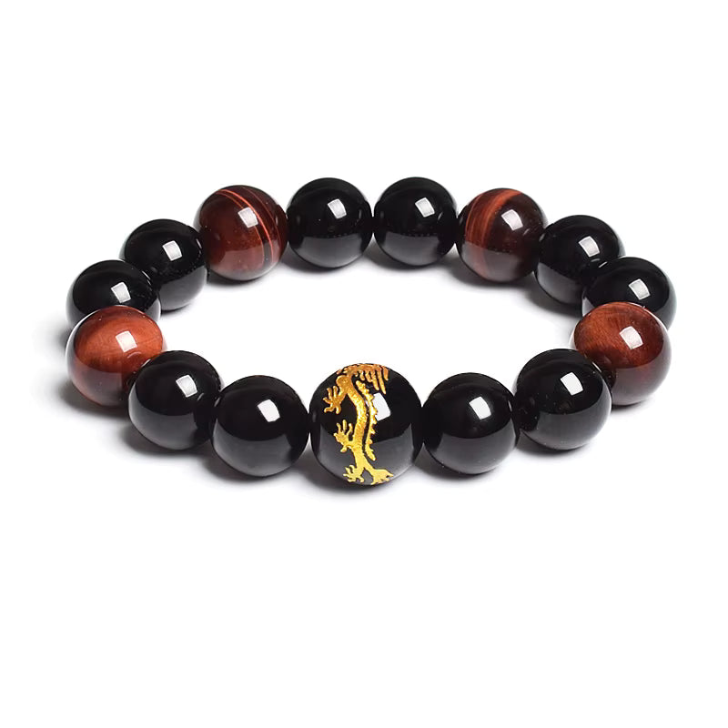 Men's Tiger Eye Stretch Bracelet 12mm Black Agate Dragon King Carved