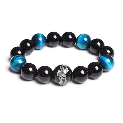 Men's Tiger Eye Stretch Bracelet 12mm Black Agate Dragon King Carved