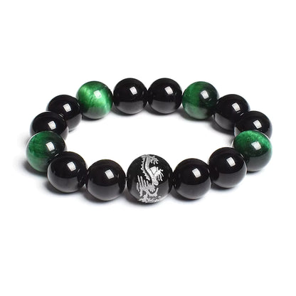 Men's Tiger Eye Stretch Bracelet 12mm Black Agate Dragon King Carved