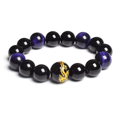Men's Tiger Eye Stretch Bracelet 12mm Black Agate Dragon King Carved