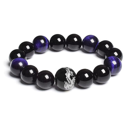 Men's Tiger Eye Stretch Bracelet 12mm Black Agate Dragon King Carved