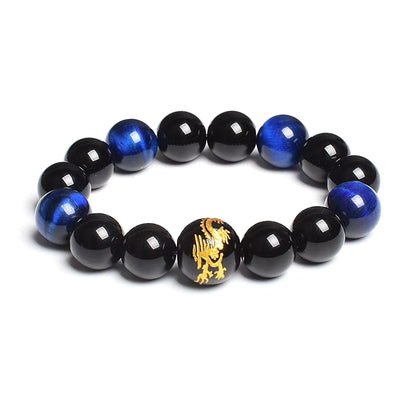 Men's Tiger Eye Stretch Bracelet 12mm Black Agate Dragon King Carved