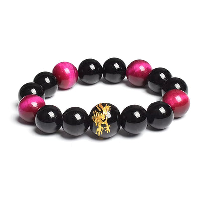 Men's Tiger Eye Stretch Bracelet 12mm Black Agate Dragon King Carved