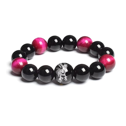 Men's Tiger Eye Stretch Bracelet 12mm Black Agate Dragon King Carved