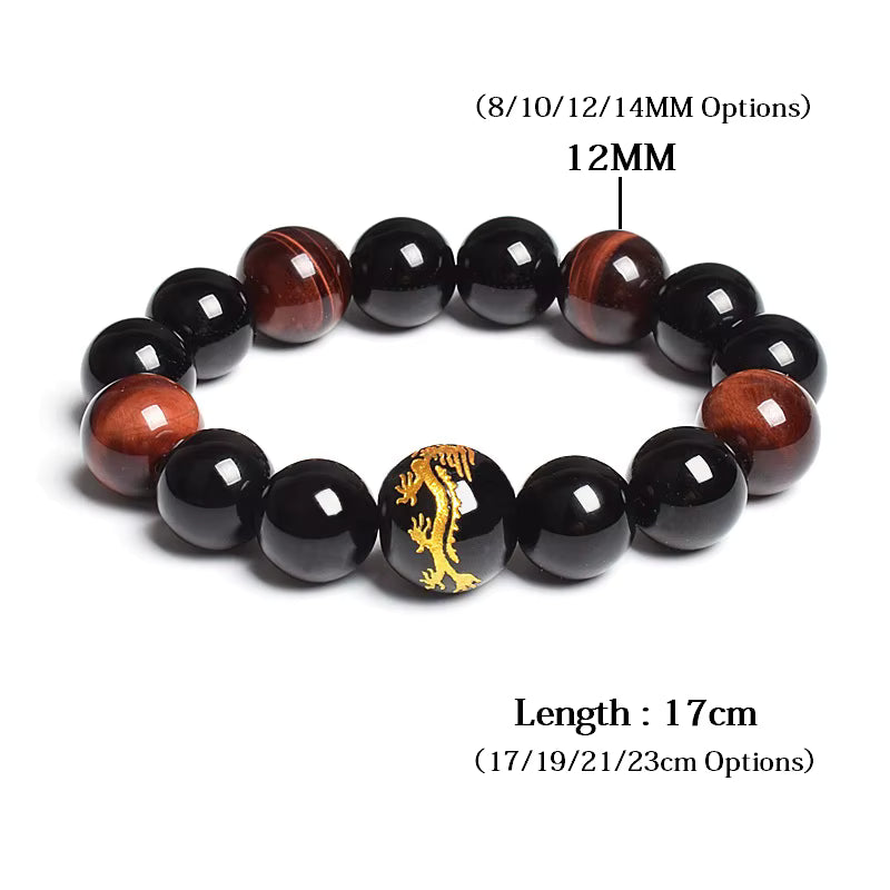 Men's Tiger Eye Stretch Bracelet 12mm Black Agate Dragon King Carved