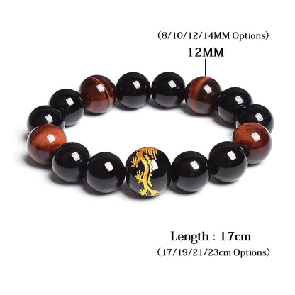 Men's Tiger Eye Stretch Bracelet 12mm Black Agate Dragon King Carved