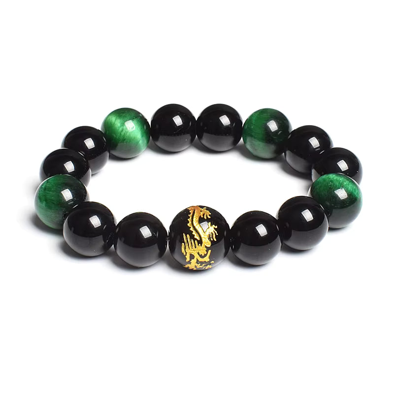 Men's Tiger Eye Stretch Bracelet 12mm Black Agate Dragon King Carved