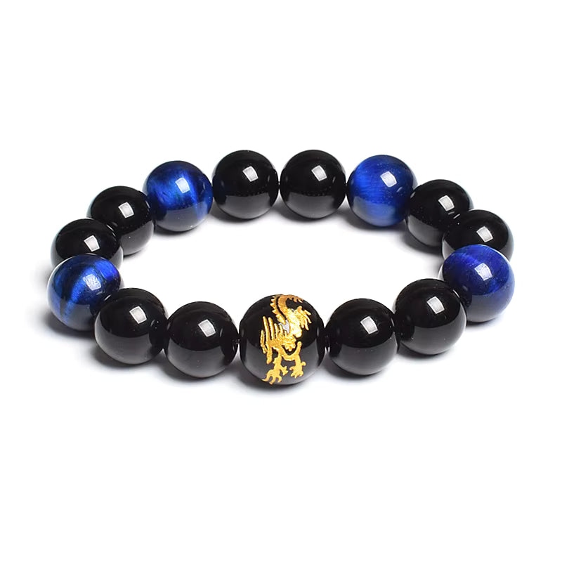 Men's Tiger Eye Stretch Bracelet 12mm Black Agate Dragon King Carved