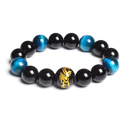 Men's Tiger Eye Stretch Bracelet 12mm Black Agate Dragon King Carved