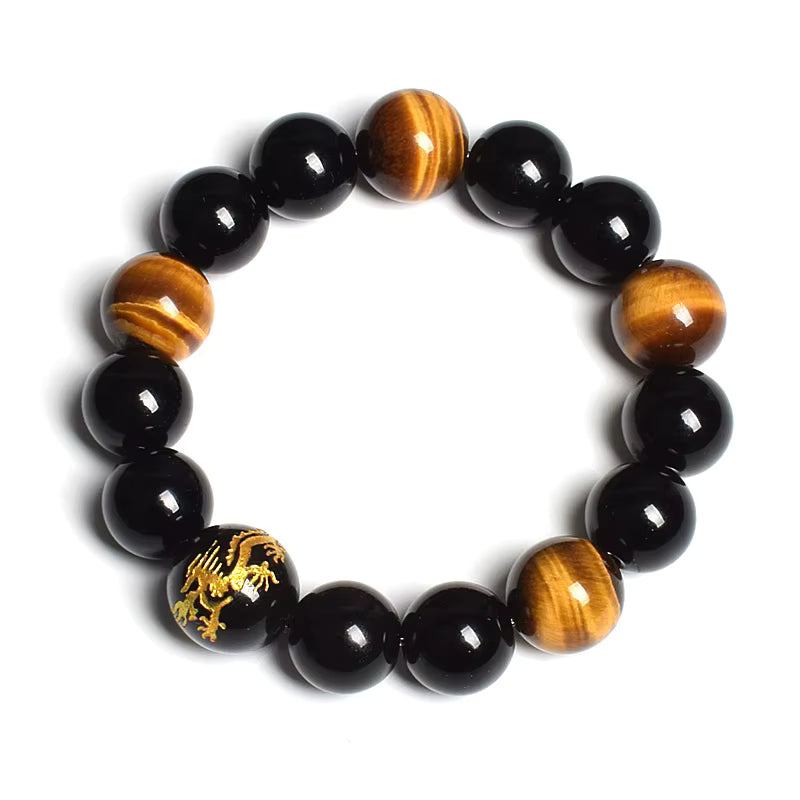 Men's Tiger Eye Stretch Bracelet 12mm Black Agate Dragon King Carved
