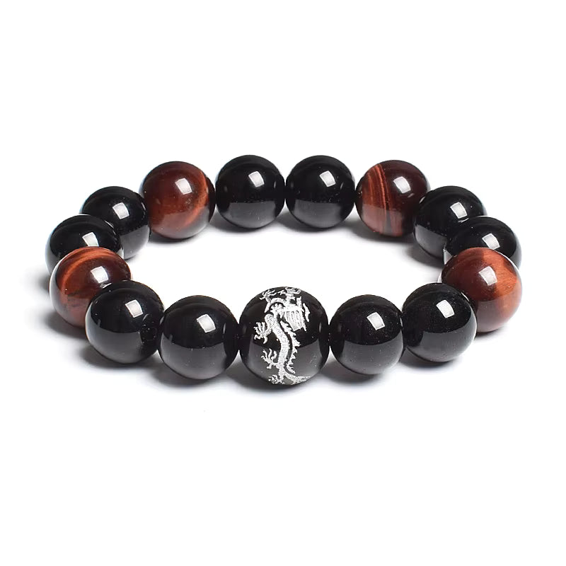 Men's Tiger Eye Stretch Bracelet 12mm Black Agate Dragon King Carved