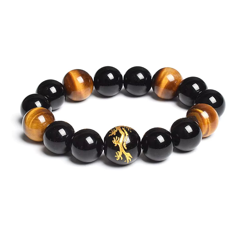 Men's Tiger Eye Stretch Bracelet 12mm Black Agate Dragon King Carved