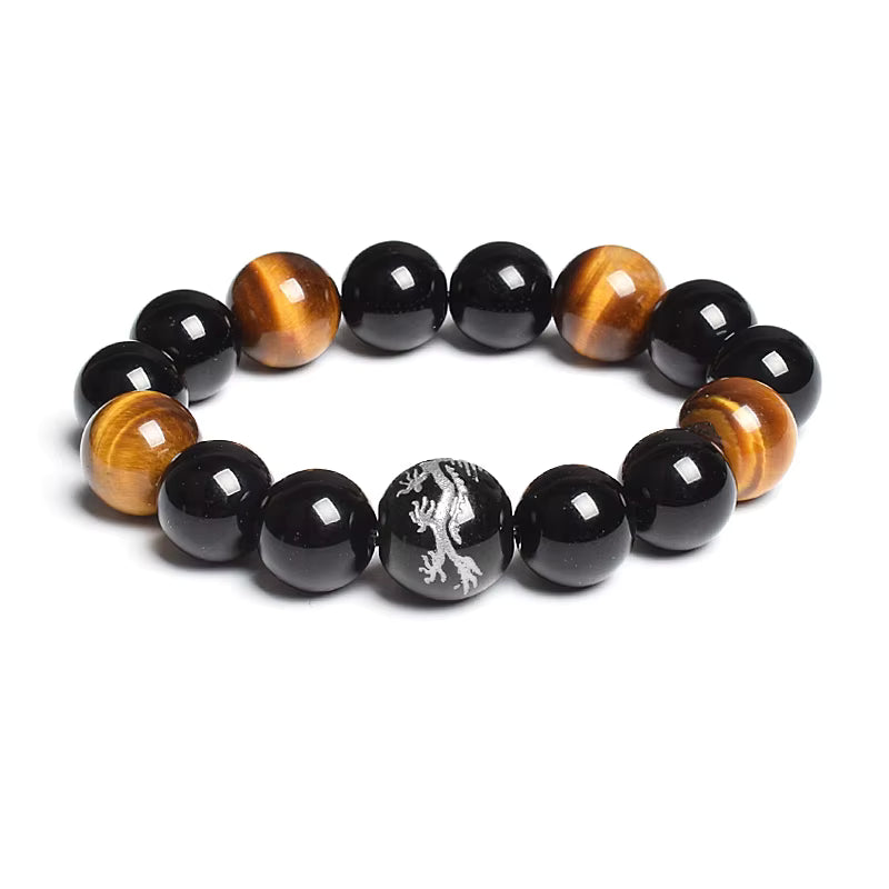 Men's Tiger Eye Stretch Bracelet 12mm Black Agate Dragon King Carved