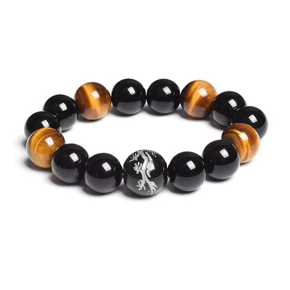 Men's Tiger Eye Stretch Bracelet 12mm Black Agate Dragon King Carved
