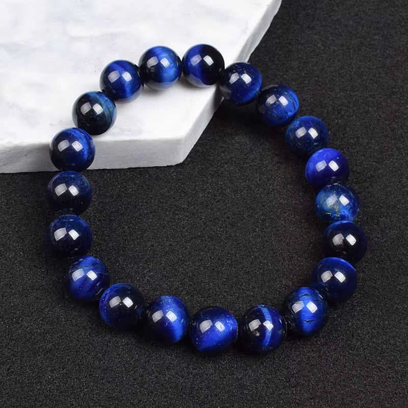 Natural Blue Tiger Eye Beaded Bracelet Handmade Elastic Unisex