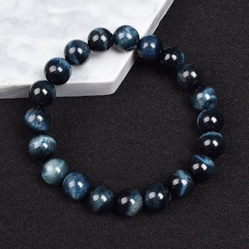 Natural Blue Tiger Eye Beaded Bracelet Handmade Elastic Unisex