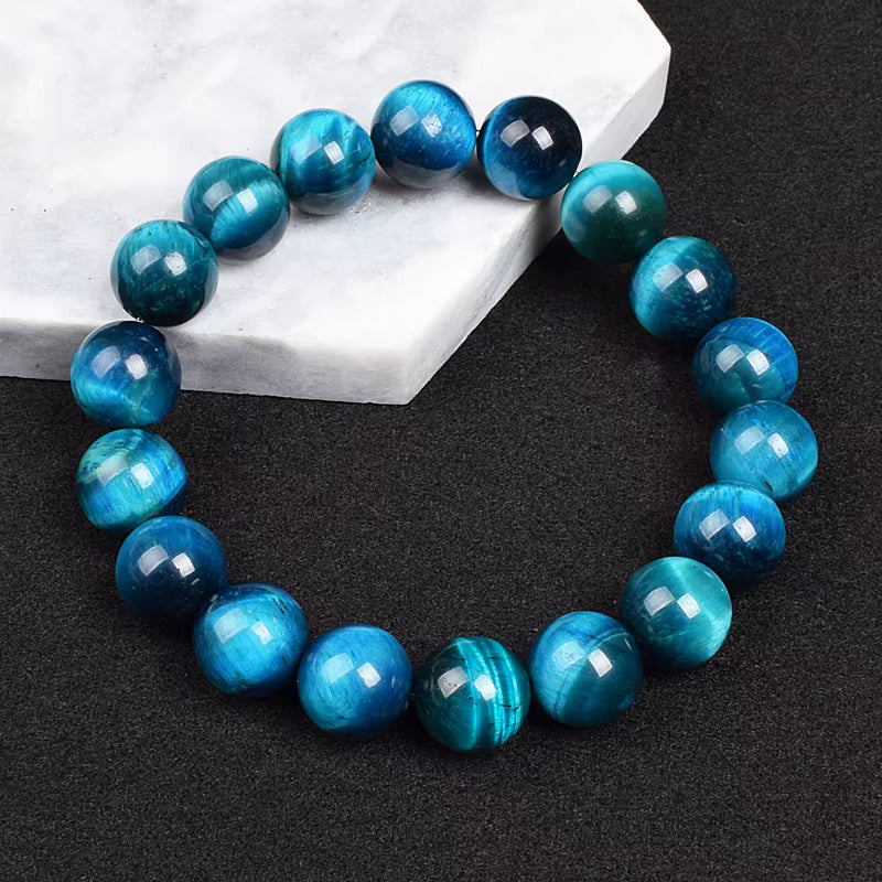 Natural Blue Tiger Eye Beaded Bracelet Handmade Elastic Unisex