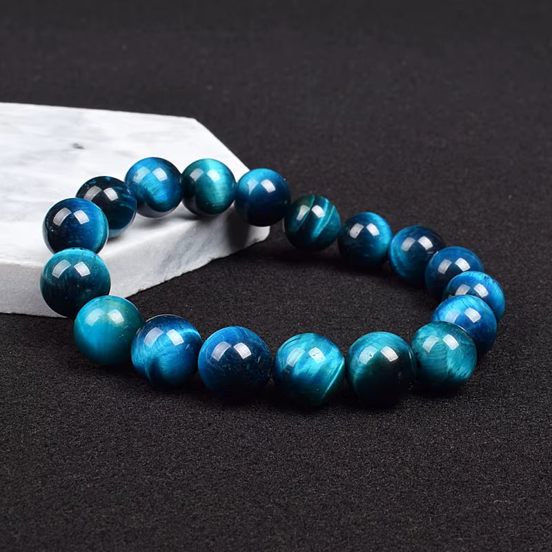 Natural Blue Tiger Eye Beaded Bracelet Handmade Elastic Unisex