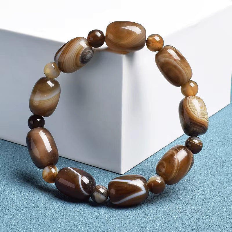 Natural Coffee Lace Agate Beaded Bracelet Elastic Drum Beads