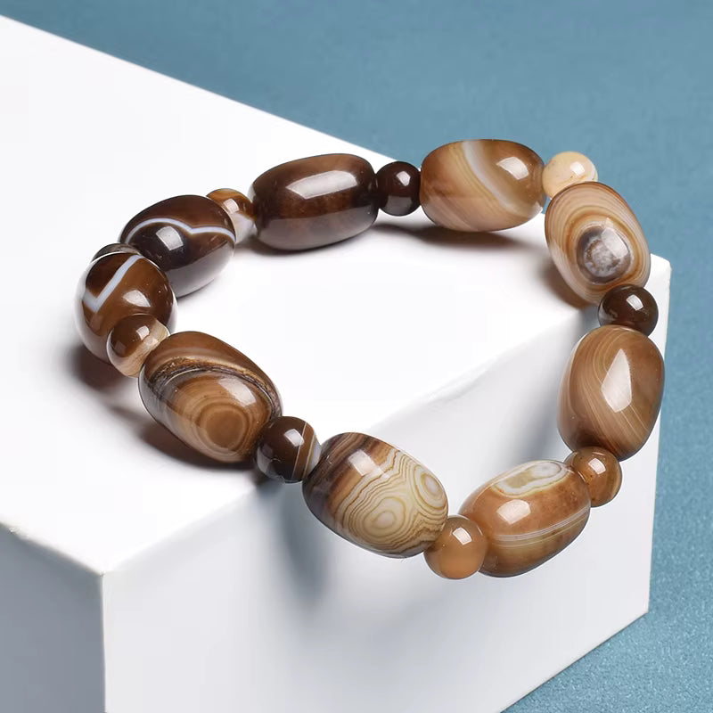 Natural Coffee Lace Agate Beaded Bracelet Elastic Drum Beads