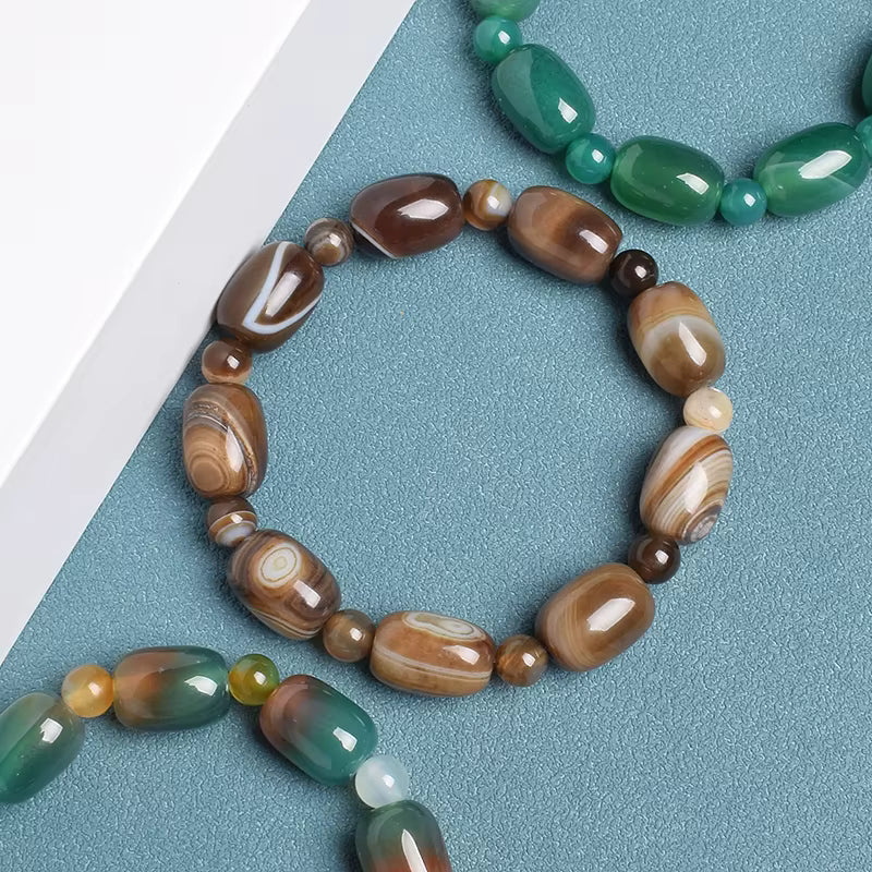 Natural Coffee Lace Agate Beaded Bracelet Elastic Drum Beads